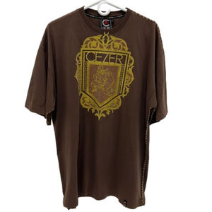 CEZER Brown Quality Men's T-Shirt Large Embossed Gold Logo 90s Streetwear XL